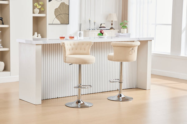 English Elm COOLMORE Velvet Bar Stool with Anti-Slip Large Base, Adjustable 360° Swivel, Plush Foam Comfort Beige W1539P320504