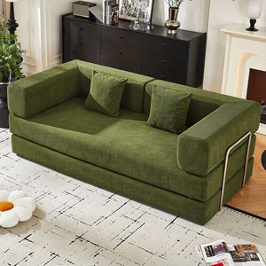 English Elm Convertible Corduroy Floor Sofa with Folding Sleeper and Bolster Pillow for Apartments Green W5638P460475