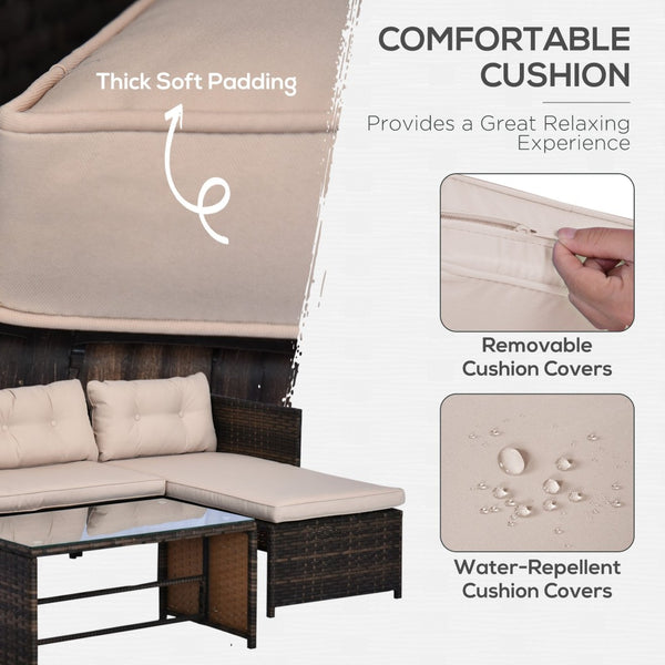 English Elm Loveseat Patio Set with Chaise and Glass Top Table Handwoven Rattan Outdoor Lounge T3971P384021