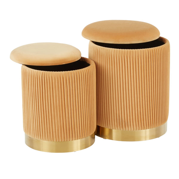 English Elm Marla Pleated Nesting Ottoman Set – Lux Velvet Upholstery with Gold Metal Base, Space-Saving Chic Orange B202P223736