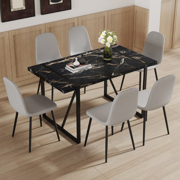 English Elm Table Modern Black Marble Mdf Dining Set With 6 Light Gray Linen Chairs - Stylish & Durable Design W1151S02704-GIGA