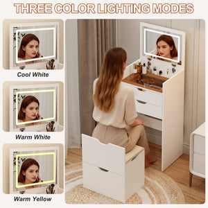 English Elm Dressing Table Set with Led Lit Flip Mirror Hidden Stool and Dual Drawers for Small Spaces W5252P447369