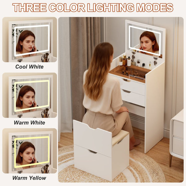 English Elm Dressing Table Set with Led Lit Flip Mirror Hidden Stool and Dual Drawers for Small Spaces W5252P447369