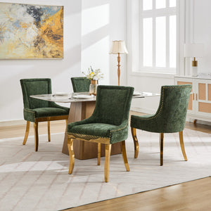 English Elm Chenille Plush Dining Chair with Curved Gold-Plated Legs, Rivet Trim, Textured Upholstery Comfort Olive Green W1143P332688