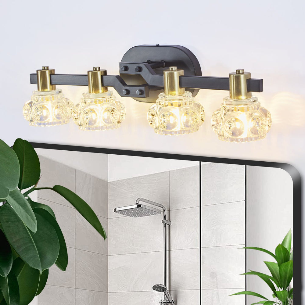 English Elm 24" Vintage 4-Light Wall Sconce Matte Black & Gold Iron with Clear Crystal Shades for Bathroom Vanity W1340P206719