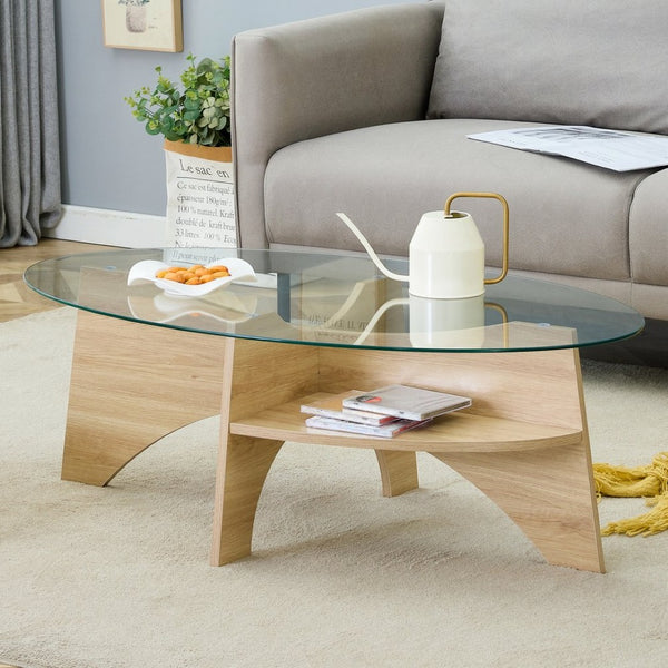 English Elm Oval Tempered Glass Coffee Table with Wood Grain Legs and Built-in Fan Tray Shelf W1151P256007