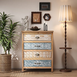 English Elm Vintage Bohemian Four Drawer Chest Distressed Solid Wood Floral Scroll Bedroom Storage W2295P414113