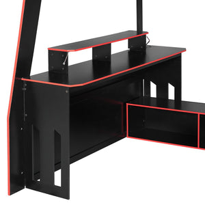 English Elm Full Size Wood Loft Bed with Rgb Lighting Desk and Multi-tier Shelves for Gaming Red LT000374AAR