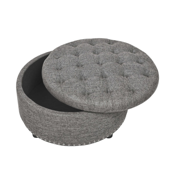 English Elm Tufted Linen Square Ottoman with Lift Top Storage Nailhead Trim Living Room Dark Gray B2748P481671