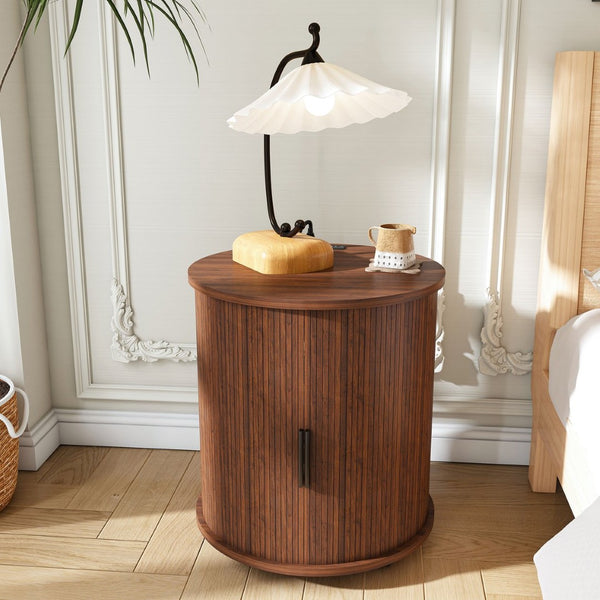 English Elm Mid Century Walnut Round End Table with Charging Station and Sliding Door Storage W2700P385517