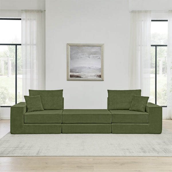 English Elm Modular Cloud Sectional Sofa with Corduroy Upholstery, Deep-Seat Sleeper Loveseat, Removable Ottoman, No-Assembly Comfort and Customizable Configuration Green W1117P357544
