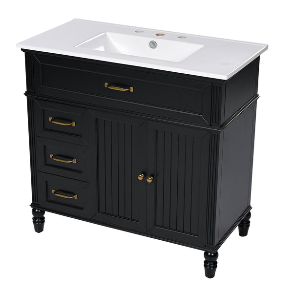 English Elm 36" Modern Bathroom Vanity with Ceramic Sink, Solid Wood + MDF Frame, Sleek Freestanding Design Black N725P195410B