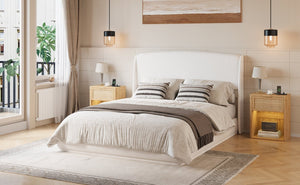 English Elm Upholstered Queen Platform Bed Curved Wingback Linen Headboard Modern Bedroom Frame Beige N733S439498A