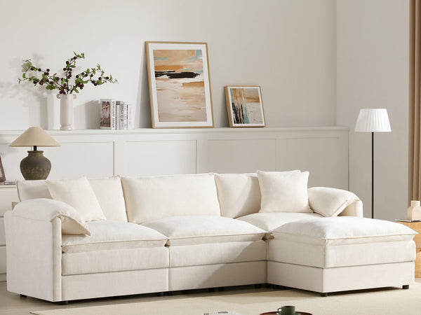 English Elm [video]103" Chenille L-shaped Sectional with Movable Ottoman Deep Seat Cloud Sofa White N723S0687W
