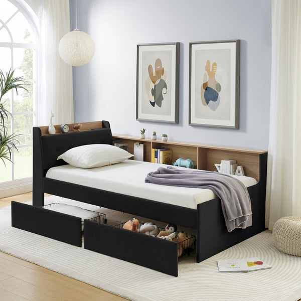 English Elm Twin Size Velvet Daybed With Storage Drawers, Wireless Charging & Led Lights For Small Spaces W1413S00110-GIGA