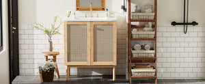 English Elm 30-inch bamboo bathroom vanity with handwoven rattan doors, soft-close hinges, ample storage beauty WF530472AAD