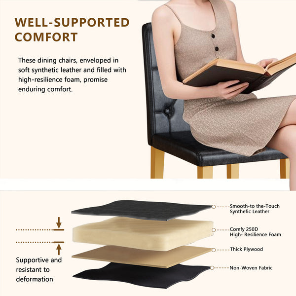 English Elm 4-pack PU dining chairs with ergonomic buckle backrest, gold metal legs, high-density sponge comfort Black+Gold W1151P295705