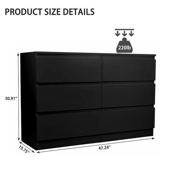 English Elm 6 Drawer Modern Dresser with Concealed Handles, Spacious Top, Durable Wood Storage Cabinet for Bedroom Black W3204P318439