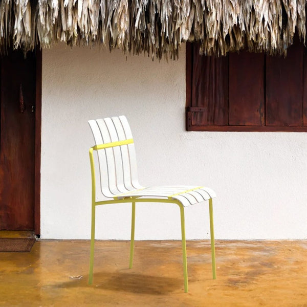 English Elm 4-Pack Modern Striped Color Block Chairs with Weatherproof PP Seats and Heavy-Duty Metal Legs for Indoor Outdoor Seating Cream White,Grain Yellow W3450P322877