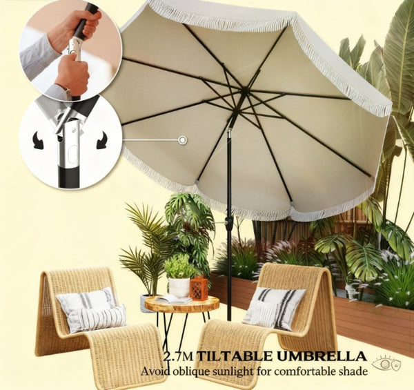 English Elm Vented Patio Umbrella 8.8 Ft Crank Tilt Upf 30 Tassel Resort Canopy Shade T3971P427352