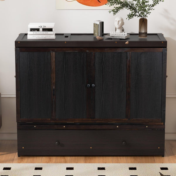 English Elm Queen Murphy Wall Bed with Pull Out Drawer and Built in Usb Charging Cabinet Espresso N708P205905P