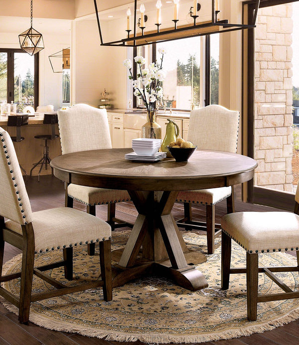 English Elm Dining Round Table 54" Diameter Rustic Warm Finish 30" Height Elegant Nailhead Style Design Light Oak 57 L x 57 W x 7.5 H B2741P284207