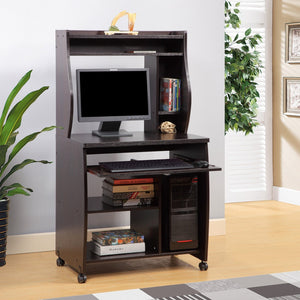 English Elm Microwave Rolling Cart with Hutch Shelves Sliding Tray and Locking Wheels for Kitchen Espresso B107P306190