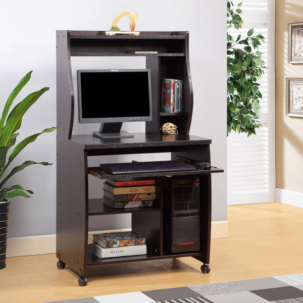 English Elm Microwave Rolling Cart with Hutch Shelves Sliding Tray and Locking Wheels for Kitchen Espresso B107P306190