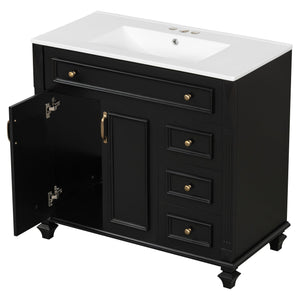 English Elm 36" Modern Bathroom Vanity with Ceramic Sink, Gold Handles, Flip-Out Drawer & Soft-Close Doors Black N725P283623B