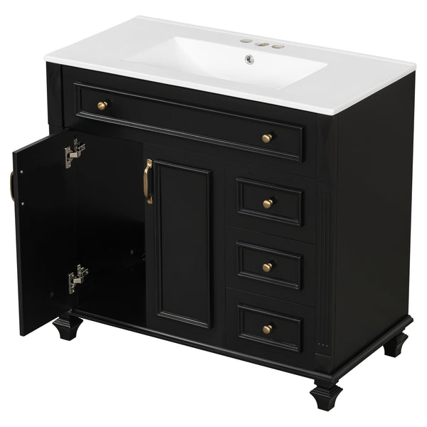 English Elm 36" Modern Bathroom Vanity with Ceramic Sink, Gold Handles, Flip-Out Drawer & Soft-Close Doors Black N725P283623B