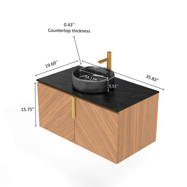 English Elm Arai 36" Modern Bathroom Vanity With Glass Basin & Sintered Stone Countertop - Stylish Storage Solution W2615S00357