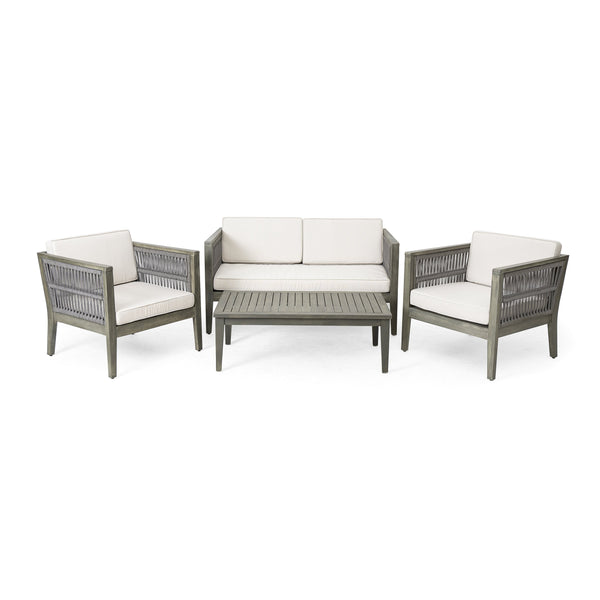 English Elm Christopher Knight Home® - 4-Pieces Acacia Wood Patio Furniture Set with Grey Rope & Beige Cushions, Weatherproof Deep Seating Set N780P171148F