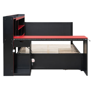 English Elm Full Size Gaming Bed Frame with Desk Led Lights Storage Drawers and Charging Station Black+Red LP000289AAJ