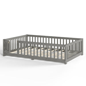 English Elm Twin Floor Bed Solid Pine Frame with Guardrails and Door for Safe Kid Sleep W1580P433578