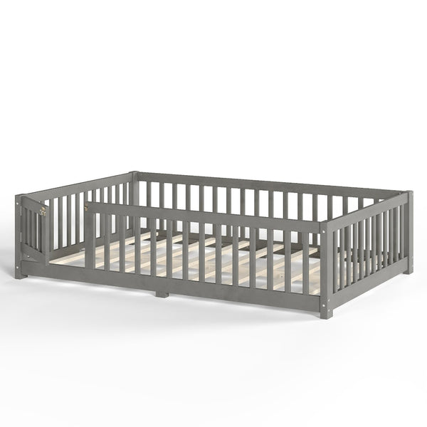 English Elm Twin Floor Bed Solid Pine Frame with Guardrails and Door for Safe Kid Sleep W1580P433578