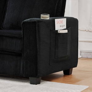 English Elm 84.25-inch Corduroy Three Seater Sofa with Cup Holders Modern Minimalist Living Room Couch Black W288P399981