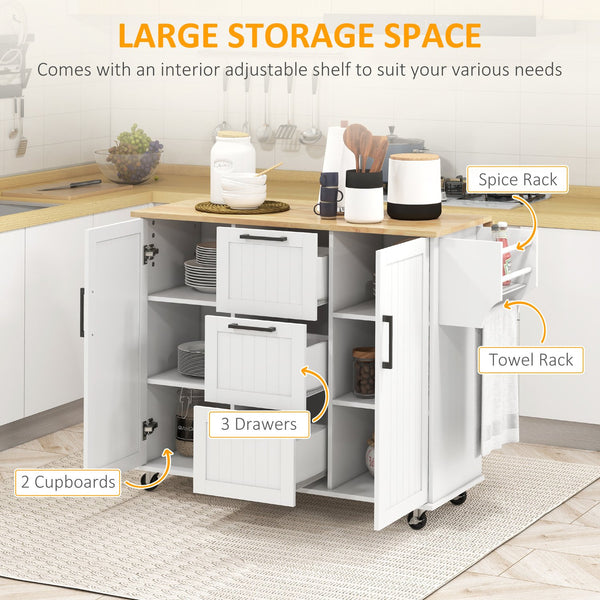 English Elm HOMCOM Rolling Kitchen Island Cart with Drop Leaf Top, 3 Drawers, 2 Cabinets, Spice & Towel Racks W2225S00051
