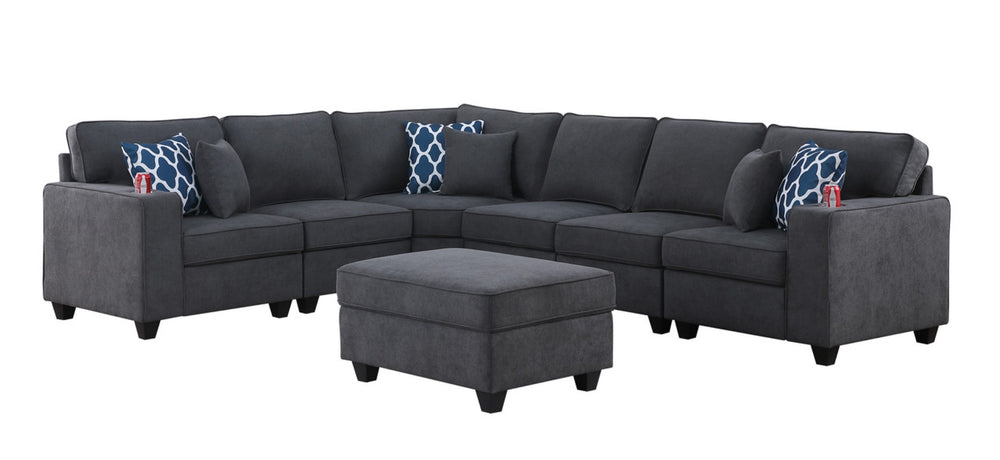 English Elm Cristiano Seven Piece Woven Fabric Sectional Sofa with Ottoman and Built in Cupholders B2749S00109