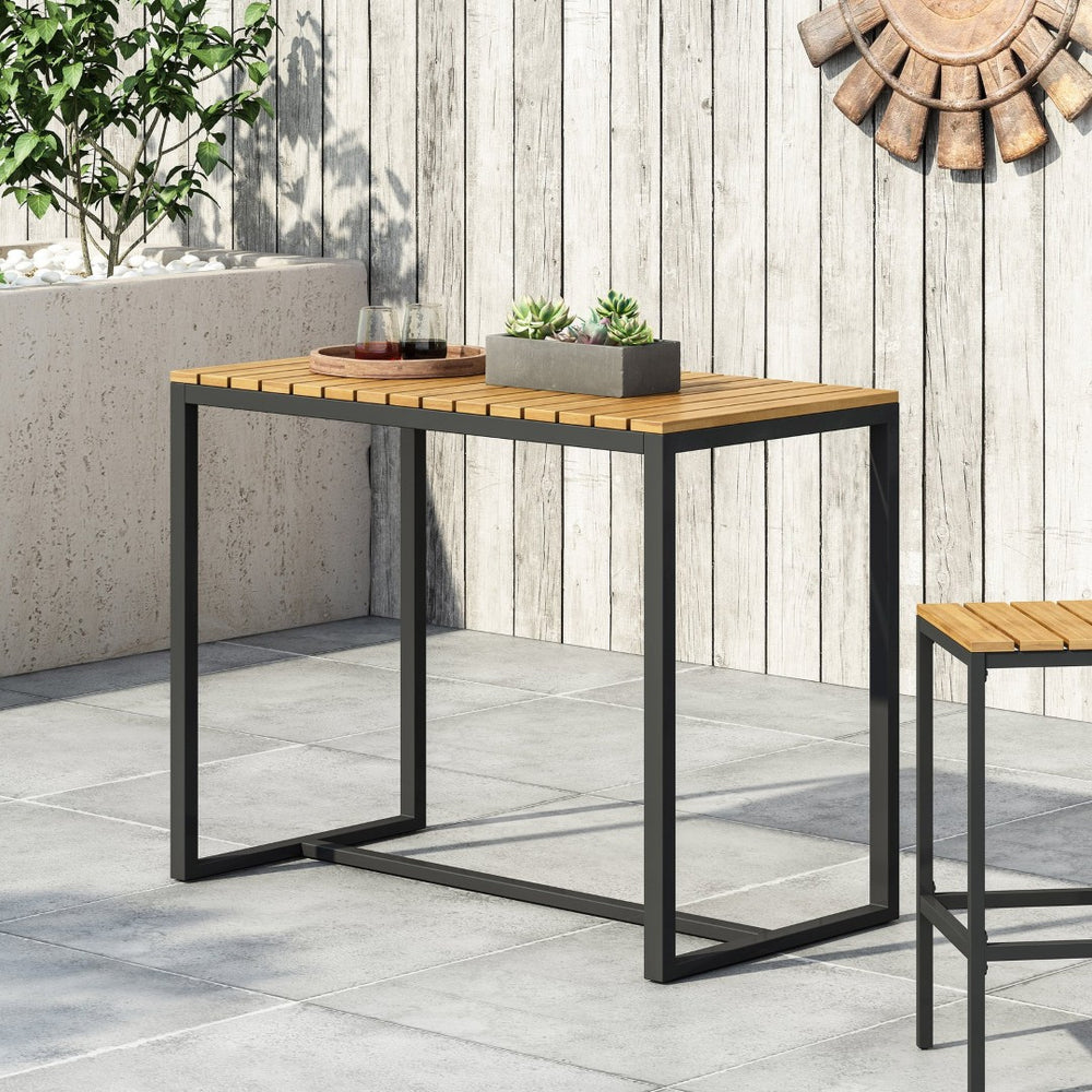 English Elm Ezra Outdoor Bar Table Solid Acacia Slatted Top Matte Black Iron Frame Patio N758P391351N
