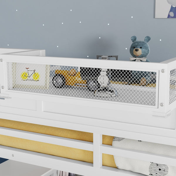 English Elm Full Size Loft Bed With Integrated Wardrobe, Stairs, House-Shaped Guardrails & Space-Saving Design W2593S00037