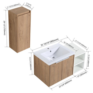 English Elm 36" Wall-Mounted Bathroom Vanity With Resin Sink & Side Cabinet - Modern Storage, Soft-Close Design W999S00224