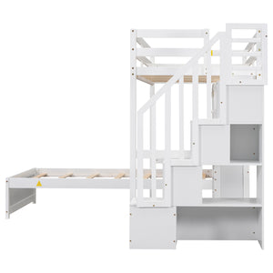 English Elm Twin Over Twin Loft Bed with Built-In Desk, Stairs, Shelving and Storage Headboard for Space-Saving Rooms White GX000465AAK