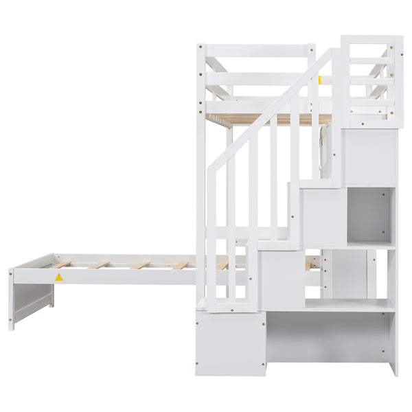 English Elm Twin Over Twin Loft Bed with Built-In Desk, Stairs, Shelving and Storage Headboard for Space-Saving Rooms White GX000465AAK