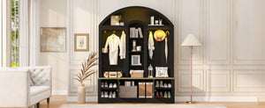 English Elm Multi-functional Hall Tree with Mdf Body Open Shelves Hooks and Scandinavian Two-tone Style Black+Natural SJ000158AAB