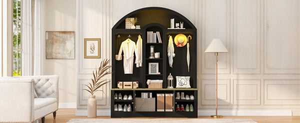 English Elm Multi-functional Hall Tree with Mdf Body Open Shelves Hooks and Scandinavian Two-tone Style Black+Natural SJ000158AAB