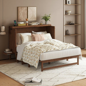 English Elm Queen Murphy Cabinet Bed Solid Pine Build with Usb Charging and Fold Out Desktop Walnut W504S00169