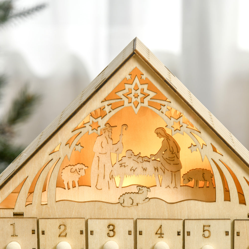 English Elm Homcom Light-Up Wooden Advent Calendar With Nativity Scene, 24 Countdown Drawers For Holiday Cheer W2225P249696