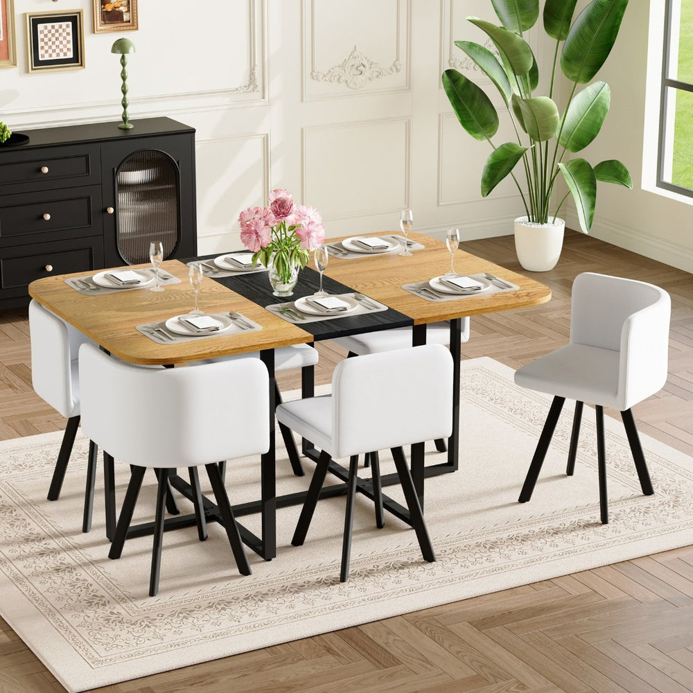 English Elm 7-piece Rectangular Dining Set Two-tone Wood Tabletop with Six Leather Chairs Seats W3875S00128