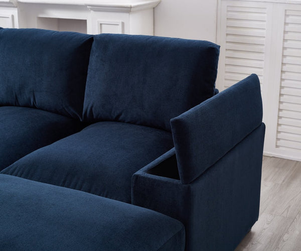 English Elm 122"l Corduroy Sectional with Dual Ottomans Modular U-shape Sofa for Modern Living Dark Blue W1669S00046
