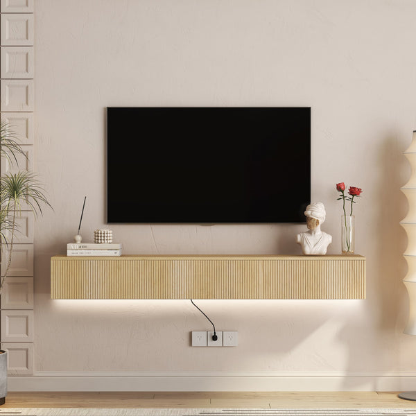 English Elm Floating LED TV Stand Wall Mounted with 16-Color Ambience, Modern Floating Cabinet with Ample Storage for 55–65" TVs Wood 74.8 L x 17.52 W x 5.51 H W1321P300553
